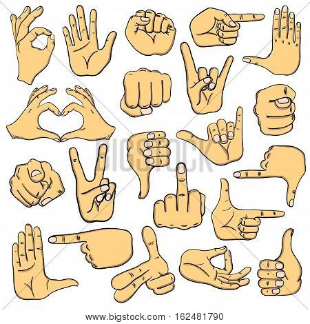 Set of cartoon human hands icons emoji gesture signs and signals.