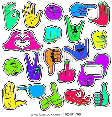Colorful fun set of human hands stickers icons emoji gesture signs signals pins or patches in cartoon 80s-90s comic style.