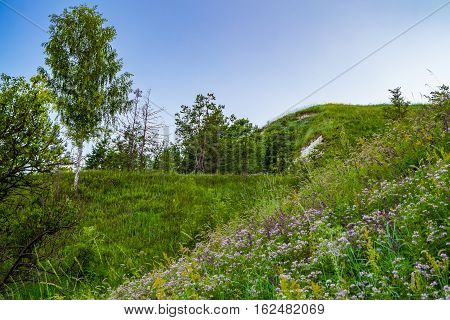 View of the chalk hill and the ancient forest archaeological monument - Krapivinskaya settlement Belgorod region Russia.