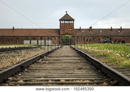 Rail entrance to concentration camp at Auschwitz Birkenau KZ Poland