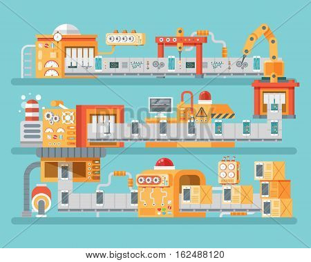 Stock vector vertical illustration of conveyor for assembly and packaging, production of personal smart phones in flat style on blue background for banners, websites, printed materials, info graphics