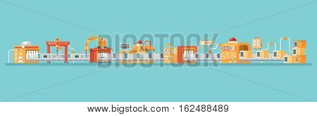 Stock vector horizontal illustration of conveyor for assembly and packaging, production of personal smart phones in flat style on blue background for banners, websites, printed materials, info graphics