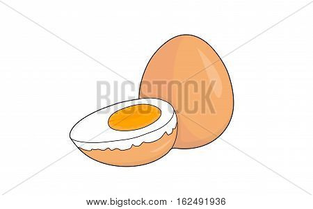 Two boiled orange eggs on a white background. One of the eggs is cut lengthwise, visible yolk and white.