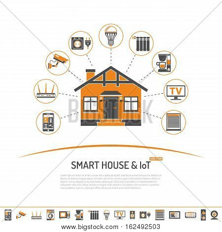 Smart House and internet of things concept with Two Color flat Icons Set such as smartphone controls smart plug, security camera, coffee maker and clock. Isolated vector illustration
