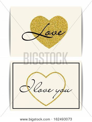 Set of banner templates with love symbol. I love you text. Golden texture heart with glitter sequins. Valentine card or wedding invitation, t-shirt, labels, postcards. Vector EPS10 illustration.