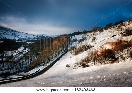 Snow on the hills in the Peak District National park England.