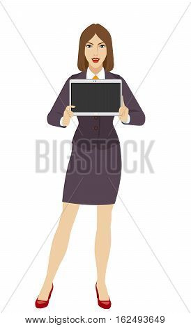 Businesswoman showing blank digital tablet PC. Full length portrait of businesswoman in a flat style. Vector illustration.