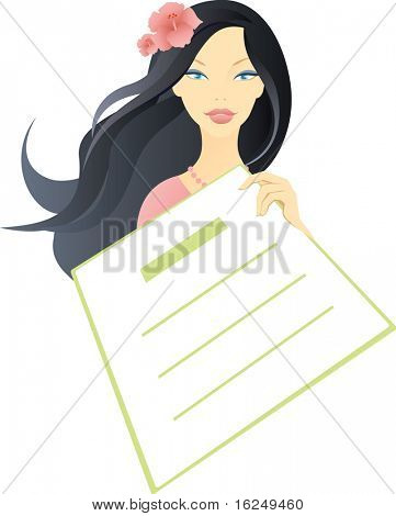 빈 종이 들고 아름 다운 여 자가 광고 판. 내 포트폴리오에 벡터 버전 참조