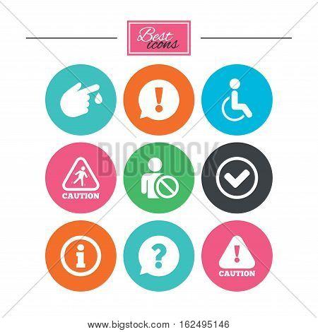Caution and attention icons. Question mark and information signs. Injury and disabled person symbols. Colorful flat buttons with icons. Vector