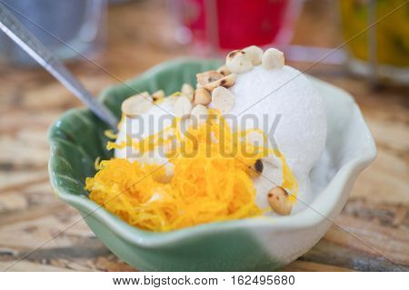 ice cream coconut ice cream with nuts and Sweet egg floss