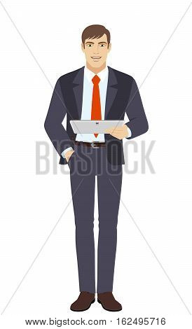 Businessman holding digital tablet PC. Full length portrait of businessman in a flat style. Vector illustration.