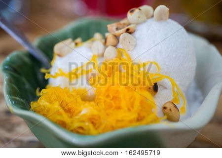 close up ice cream coconut ice cream with nuts and Sweet egg floss