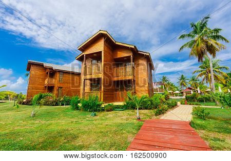 Cayo Guillermo island, Sercotel resort, Cuba, July 4, 2016, beautiful inviting gorgeous, stunning view of hotel grounds with bungalow cozy, comfortable houses standing near the beach area