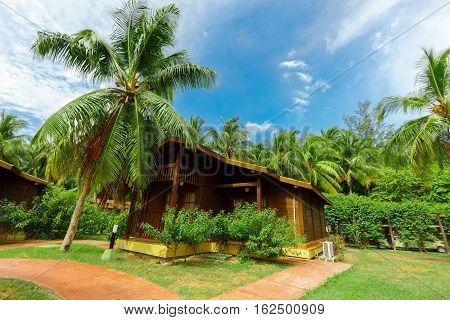 Cayo Guillermo island, Sercotel resort, Cuba, July 4, 2016, beautiful inviting gorgeous, stunning view of hotel grounds with bungalow cozy, comfortable houses standing near the beach area