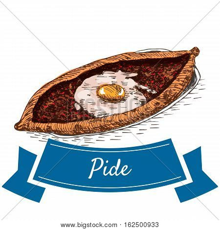 Pide colorful illustration. Vector illustration of turkish cuisine.