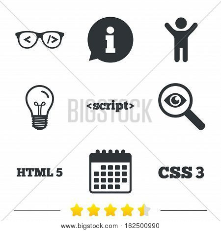 Programmer coder glasses icon. HTML5 markup language and CSS3 cascading style sheets sign symbols. Information, light bulb and calendar icons. Investigate magnifier. Vector