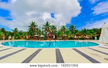 Cayo Guillermo island, Sercotel resort, Cuba, July 4, 2016, beautiful inviting gorgeous, stunning view of hotel grounds with cozy, comfortable swimming pool located near the beach area