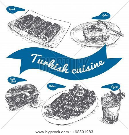 Monochrome vector illustration of Turkish cuisine and cooking traditions
