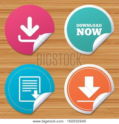 Round stickers or website banners. Download now icon. Upload file document symbol. Receive data from a remote storage signs. Circle badges with bended corner. Vector