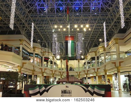 DUBAI, UAE - NOV 27: National Day decorations at Wafi Mall in Dubai, UAE, as seen on Nov 27, 2016. Wafi City, styled after ancient Egypt, is a mixed-use development including a mall, hotel, restaurants, and residences.
