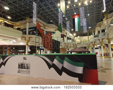 DUBAI, UAE - NOV 27: National Day decorations at Wafi Mall in Dubai, UAE, as seen on Nov 27, 2016. Wafi City, styled after ancient Egypt, is a mixed-use development including a mall, hotel, restaurants, and residences.