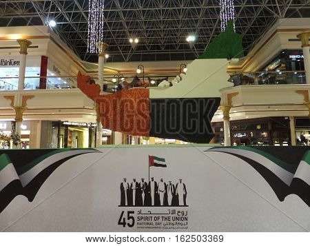 DUBAI, UAE - NOV 27: National Day decorations at Wafi Mall in Dubai, UAE, as seen on Nov 27, 2016. Wafi City, styled after ancient Egypt, is a mixed-use development including a mall, hotel, restaurants, and residences.