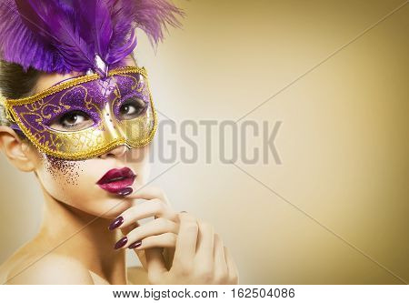 Paarty Woman Swearing Golden Mask On Light Backgound