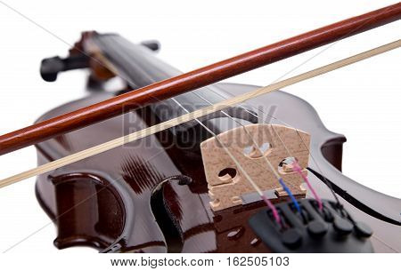 Wooden brown fiddle with bow on white background