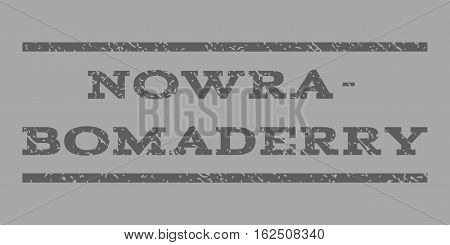 Nowra-Bomaderry watermark stamp. Text tag between horizontal parallel lines with grunge design style. Rubber seal stamp with scratched texture.