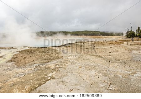 Silex Spring in the Lower Geyser Basin in Yellowstone National Park is showing just a bit of its blue color