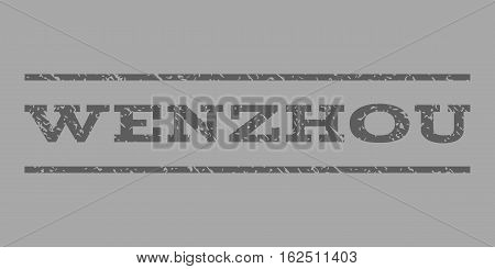 Wenzhou watermark stamp. Text caption between horizontal parallel lines with grunge design style. Rubber seal stamp with scratched texture. Vector dark gray color ink imprint on a silver background.