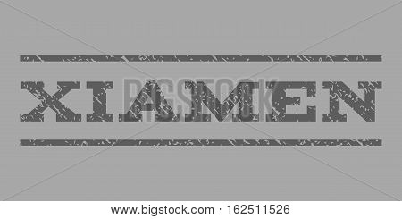 Xiamen watermark stamp. Text tag between horizontal parallel lines with grunge design style. Rubber seal stamp with dirty texture. Vector dark gray color ink imprint on a silver background.