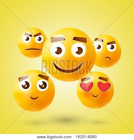 Yellow emoticon set. Collection of Emoji. 3d emoticons. Smiley face icons isolated on white background. Vector illustration