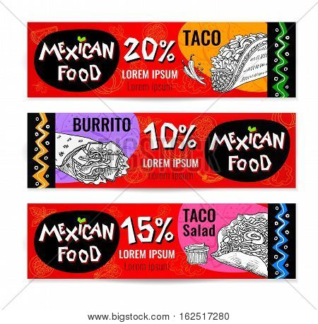 Set of stickers in sketch style, food and spices, old paper textured background. Fast food Mexican food Banners, Taco, burrito, ingredients, mushrooms, guacamole, tomato, pepper, onion, salad