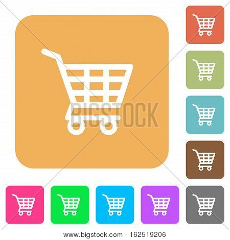 Shopping cart icons on rounded square vivid color backgrounds.