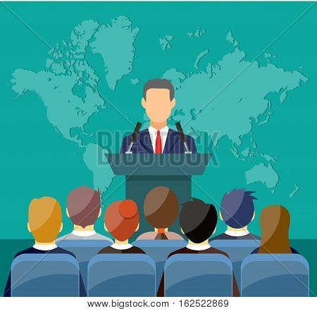 orator speaking from tribune. public speaker and crowd on chairs. vector illustration in flat style