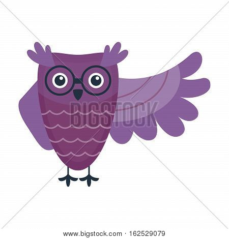 Cute vector funny cartoon owl. Animal character comic flying. Doodle cheerful with colorful emotion and humor eyes wild bird. Adorable expression graphic.