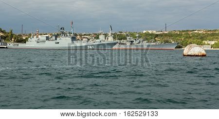 Sevastopol, Russia - June 09, 2016: Newest patrol ship Admiral Grigorovich 745 and Kara-class missile cruiser Kerch 753
