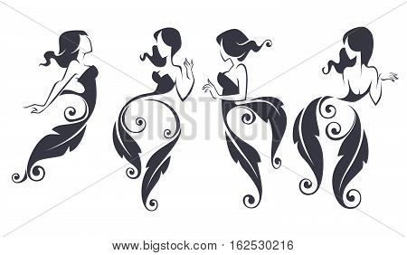 beautiful girls in floral dress vector silhouettes collection