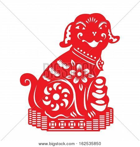 Red paper cut a dog zodiac on pile of money symbols