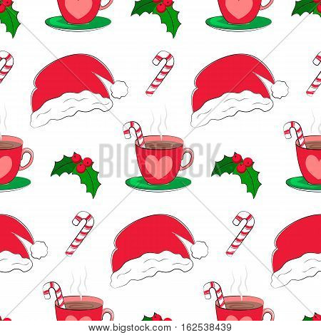 Festive Christmas seamless pattern with hot chocolate mug sweet candy Santa hat