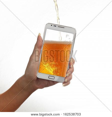 One female hand holds smart phone with poring beer against white background. Concept of online connection and sharing cheers and drinking beer using cell phone connection