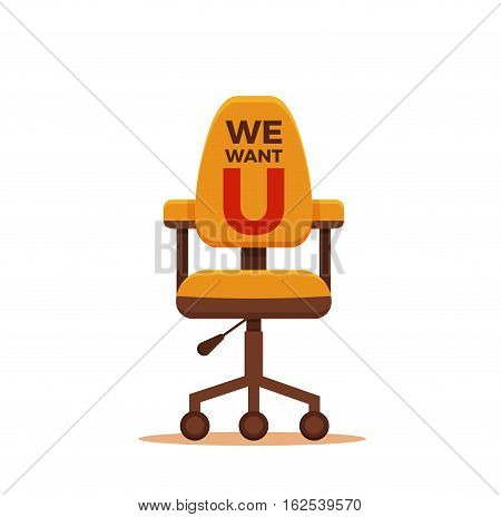 Office chair with we need you message colorful flat concept. Vector illustration of business chair icon. Corporate team vacancy design vector concept.