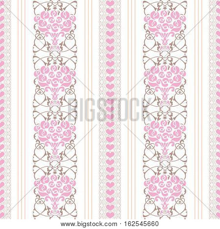 Classic floral background. Roses, hearts and stripes seamless pattern