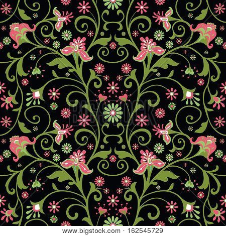 Night garden with pink flowers floral seamless pattern