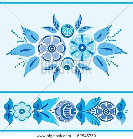 Floral pattern and border with blue flowers in folk style