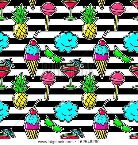 Stripe fabric fashion seamless pattern with embroidery eighties party patches like cocktail glass and pineapple, sunglasses and lollipop. Stitching textile ice cream and candy. Vector illustration