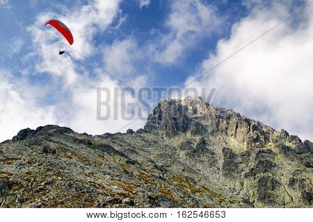Paragliding and peak Lomnicky stit in High Tatras mountains Slovakia