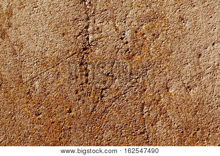 Weathered Orange Cement Wall With Moss.