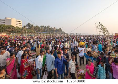 Mumbai, India - 6 November: The ancient Hindu Chhath Puja Festival being celebrated on Juhu Beach in Mumbai on 6th November 2016.